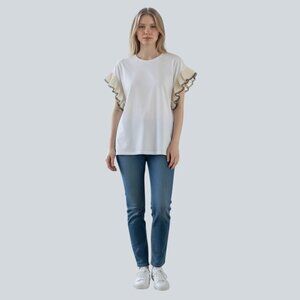 ZARA T-Shirt White Top Gold Black Trimmed Knit Cap Ruffle Sleeve Crew Neck Med